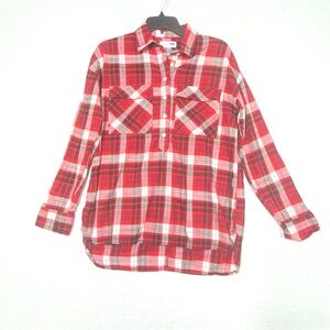 Old Navy Boyfriend Plaid Flannel Women S Red Long Sleeve 1/2 Button Oversized